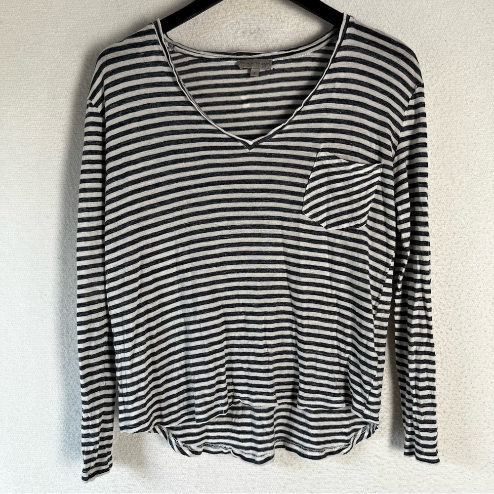 Linen Rayon Stretchy Striped Shirt Blue White Oversized Small Slouch V Neck Top